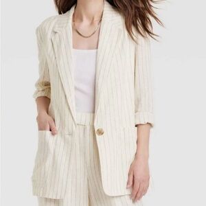 Women’s A New Day Single Breasted Blazer Linen Cream Pinstripe 2X NEW